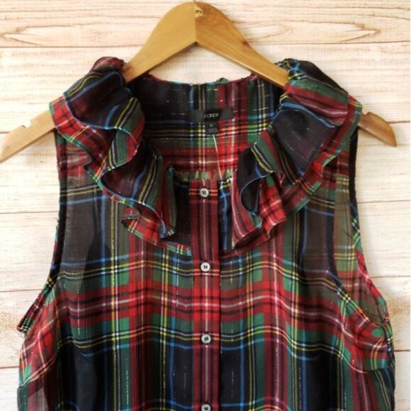 J. Crew Ruffle Collar Stewart Tartan Plaid Sleeveless Button Top Blouse Medium - Picture 5 of 11